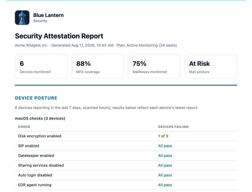 Sample Security Attestation Report showing summary tiles and device posture check results